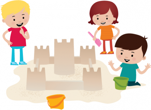 Illustrasjon: tre barn bygger sandslott